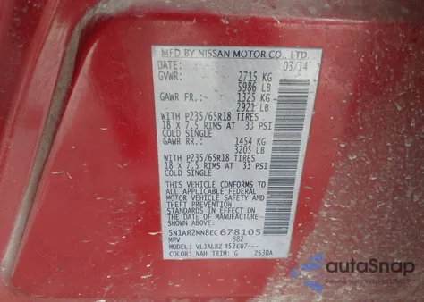 2014 Nissan Pathfinder S z USA, uszkodzony, nr VIN 5N1AR2MN8EC678105